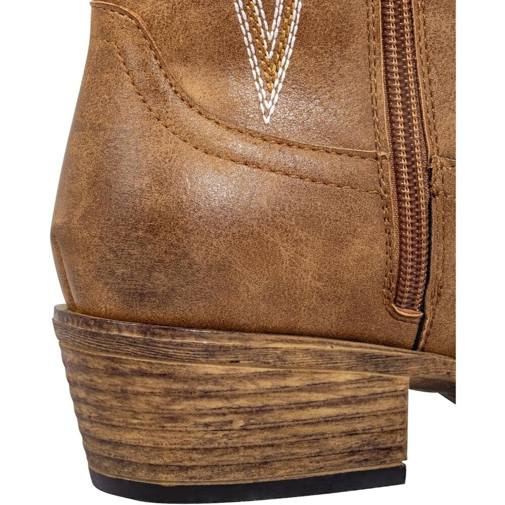 Women's Tan Leather Square Toe Embroidered Western Knee High Cowgirls Boots - Picture 6 of 7
